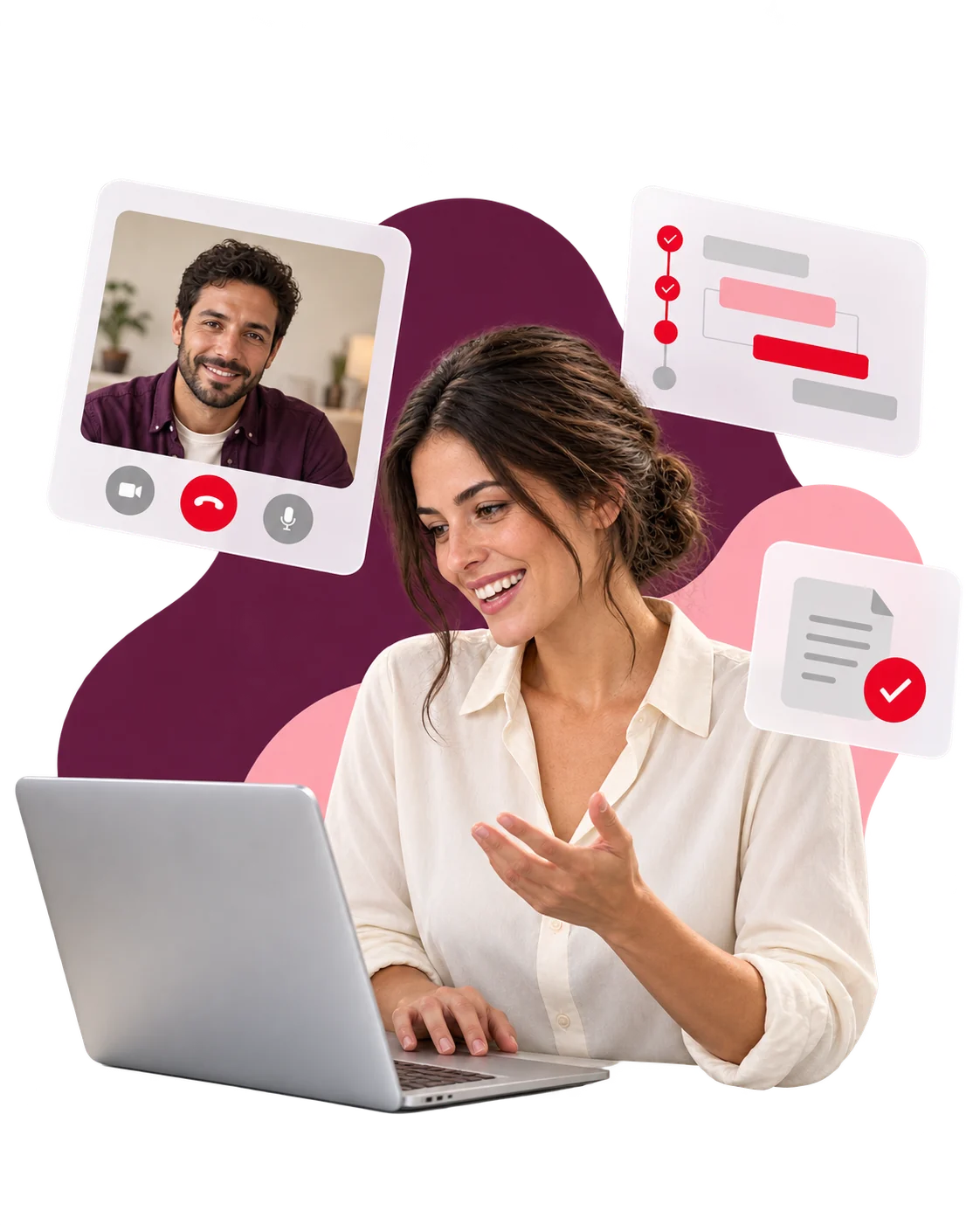 Kundin im Video-Call mit timsali – daneben Angebot mit Haken und Zeitplan für die Umsetzung