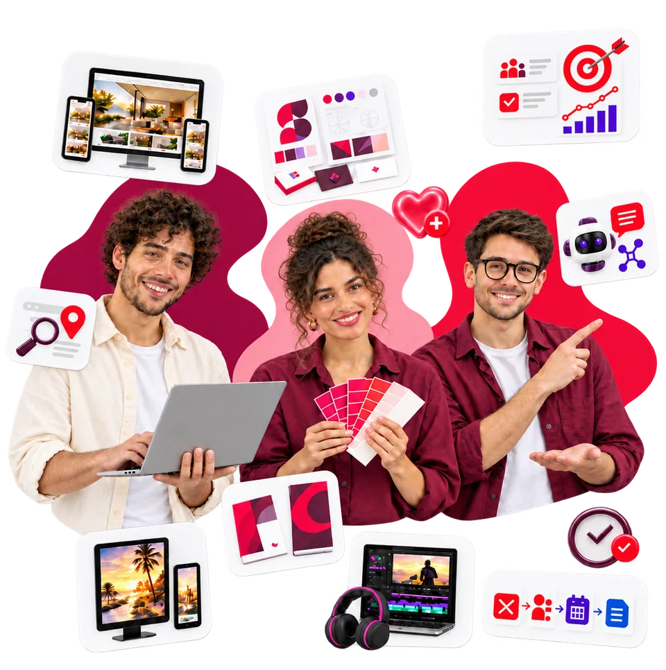 Drei Personen stehen für Webdesign, Branding und Marketing bei timsali