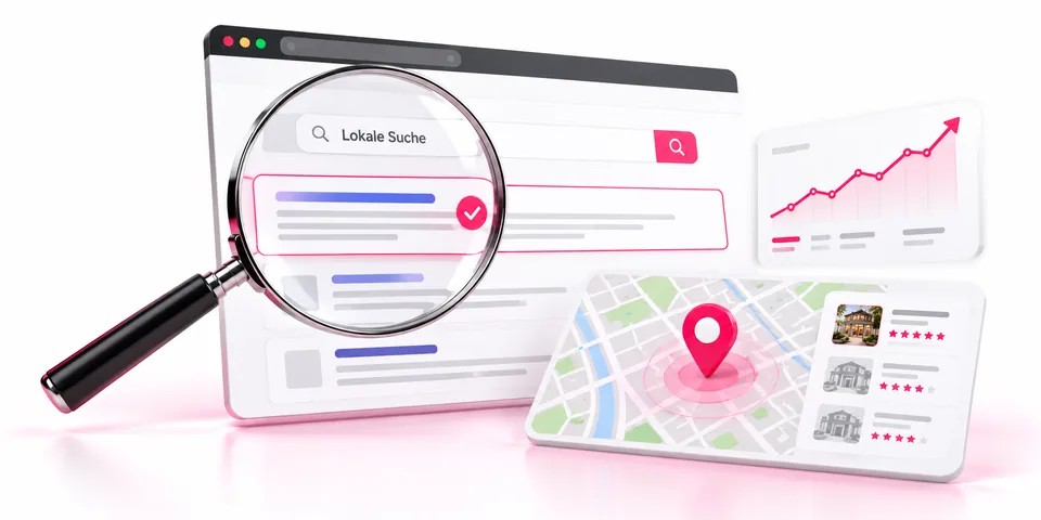 SEO & Sichtbarkeit: lokale Google-Suche mit Lupe und Kartenmarkierung