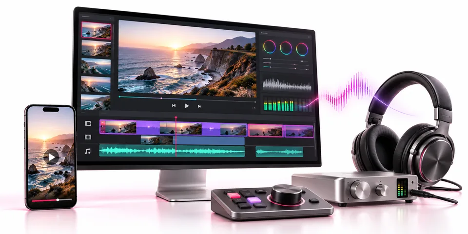 Video Editing & Sounddesign: Videoschnitt am Monitor mit Kopfhörern